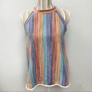 W5 Boho Multi-color Striped Halter Top Fringe Hem